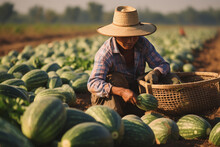 Worker Picking Up Watermelons In The Field