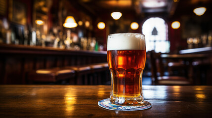 close-up craft beer on the wooden bar