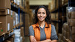 © OpticalDesign - Latina woman warehouse worker in a warehouse, smiling, logistics and storage distribution concept, job, female