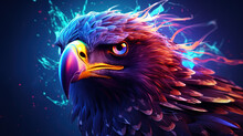 Illustration Close Up Eagle Head Eyes In Colorful Neon Light, Generative Ai