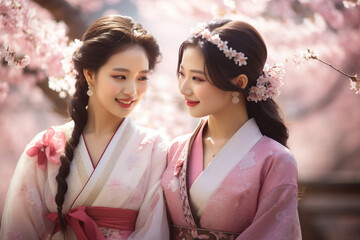 two korean woman dressed in colorful traditional dresses and smiling at the camera