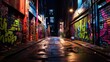 © QuietWord - wet city street after rain at night time with colorful light and graffiti wall, Generative Ai