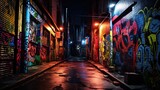 wet city street after rain at night time with colorful light and graffiti wall, Generative Ai