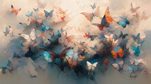 On A Beige Background, Multi-coloured Butterflies Fly Out Of The Oil Paint.