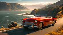 Brightly Painted Classic Vintage Car Drives Along A Coastal Road