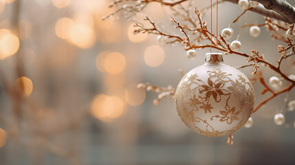 Poster - Christmas ball with sequins on christmas tree and snow. Winter season, christmas and New Year holidays background. Close up, copy space