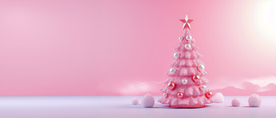 Poster - Pink christmas tree and christmas decorations white color in pastel pink background