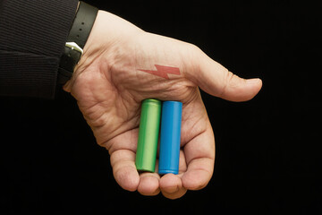 Two batteries in hand blue and green close-up on dark background