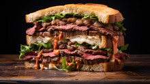 Roast Beef Sandwich With Tomato, Onion, Lettuce And Mustard Sauce On Dark Background. Delicious Healthy Lunch With Meat, Hearty Food