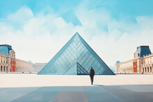 View Of Louvre, France. Cartoon Style Flat Design, Minimalist Illustration
