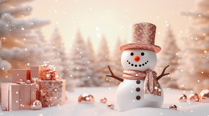 Wall Mural - Realistic snowman smiling standing in snow near spruce trees, christmas balls and gifts. Cute new year, christmas holiday character smiling in red mittens scarf and hat.