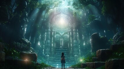 illustration of a person at ancient lost technology portal gat with light grow, ambient fantasy scenery background wallpaper, Generative Ai