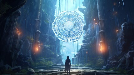 illustration of a person at ancient lost technology portal gat with light grow, ambient fantasy scenery background wallpaper, Generative Ai