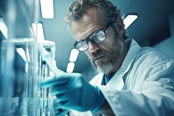 Science for your health. A middle-aged man works in a modern science laboratory. Innovative drugs for the treatment of chronic diseases.