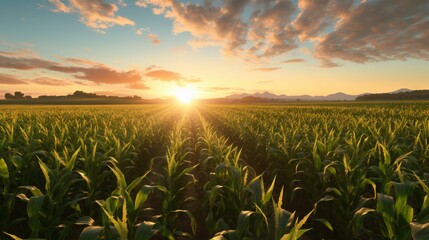 Corn field during sunset. Aerial shot of a beautiful cornfield during a summer sunrise. Rich harvest and agriculture Concept. Ready to harvest maize grains on a farm during a beautiful summer sunset