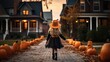 A cute little girl walks along a path with Halloween pumpkins.