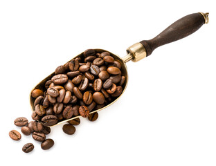 Wall Mural - Scoop of coffee beans. Top view of coffee beans in scoop isolated.