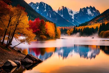 Wall Mural - the best view of sun set between the mountains  behind the lake background and beautiful sun set