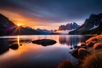 Wall Mural - the best view of sun set between the mountains  behind the lake background and beautiful sun set