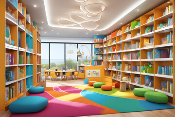 a contemporary library with a vibrant children section colorful reading books