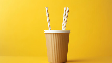 Disposable cardboard biodegradable cup on a table with a straw against a yellow background. Generative AI