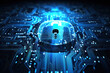 Glowing Blue Technology Lock Cyber Security and Internet Surveillance Protection, Generative AI