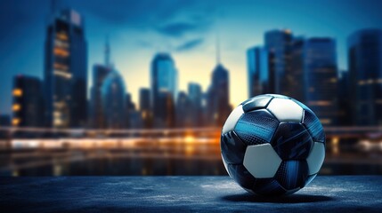 Wall Mural - soccer ball on big city background, football concept, generative ai