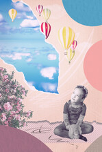 A Little Girl Sitting And Dreaming - Art Collage Or Design About Summertime, Holidays, Vacation, Dreams