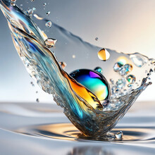 A Ball With A Rainbow Surface Falls Into The Water With A Splash.
