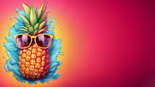 Cool Tropical Pineapple Wearing Sunglasses Illustration On Pastel Color Background, Summer Vacation Beach Idea Design Pattern, Copy Space Close Up