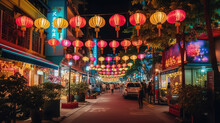 Street Illumination Signs At Singapore China Town To Celebrate Mid-Autumn Festival. Generative Ai