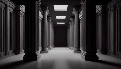 3d rendering black corridor pillars background render, Ai generated image