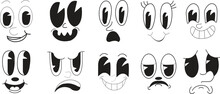Retro Cartoon Mascot Characters Funny Faces. Old Animation Eyes And Mouths Elements. Vintage Comic Smile For Logo Vector Set. Smiley Caricatures With Happy And Cheerful Emotions