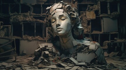 Female bust sculpture broken and cracked into shattered pieces, war torn city ruin, destroyed building, emotional distress, depressing decay, art installation - generative AI	
