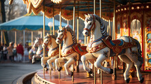 Horses Whirl On The Merry-Go-Round At The Amusement Park. Generative AI
