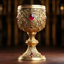 Ancient Royal Goblet With Rubies In Palace Or Church Setting