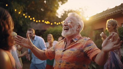 group of lgbtq friend celebrate party relax carefree dancing with happiness and leisure in the garden park home sunset moment,old man friend cheering free summer party lifestyle together,ai generate