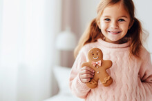 A Little Girl Smiles As She Enjoys A Gingerbread Cookie In A Cozy Winter Setting. Her Joy Is Contagious As She Embraces The Holiday Spirit.