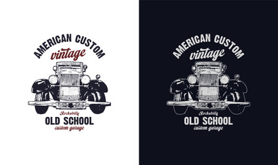 Sticker - American Custom Vintage  Car T-shirt Design Vector Graphics. Vintage Car t-shirt template. old cars tshirts. American Old Cars shirts.