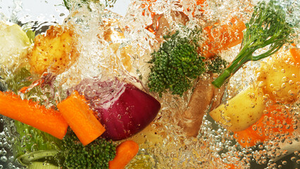 Poster - Freeze Motion Shot of Splashing Fresh Vegetable.