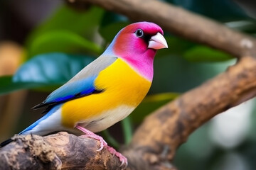 Gouldian finch bird or Erythrura gouldiae with pink flower.Generative Ai.