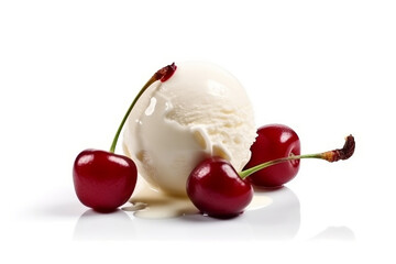 Wall Mural - Vanilla ice cream with cherry syrup isolated on white background.Generative Ai.