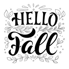 Wall Mural - Hello fall hand lettering, black ink brush calligraphy isolated on white background.	