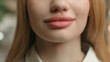 Close up lower half part face unrecognizable female full plumped lips sexy girl woman with healthy perfect smooth skin make-up lipstick medical beauty injection healthcare facial lady smile macro view
