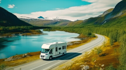 Wall Mural - Modern motorhome driving on road, lake and mountains in background. Generative AI