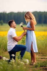 A man stands on his knee at the flower field and makes a creative proposal to a woman. Generative AI