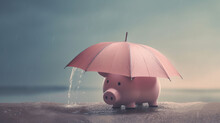 Piggy Bank Under Umbrella On The Rainy Day, Savings Concept
