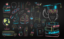 Vector Color Chalk Drawn Illustration Set Of Education And Science Items On Chalkboard Background.