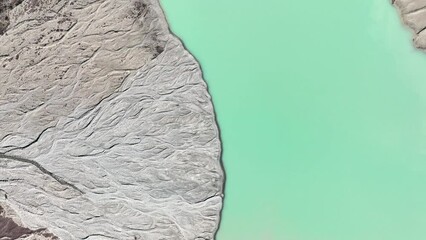 Poster - Drone view of the azure lake in the glacier valley. View of the moraines. Landscape from the air.  River on a moraine. Landscape from drone. Abstract view for background. Alberta, Canada.