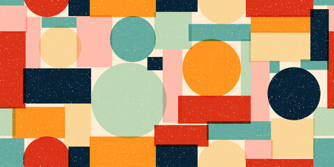 Seamless geometric pattern with risograph effect. Trendy riso graph style. Abstract background with grain texture. 80s style geometric collage. Simple vector pattern. Minimalist retro style texture